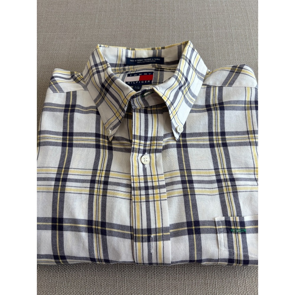 Vintage Tommy Hilfiger Men's Blue Yellow Plaid Long Sleeve Preppy 90's Size L